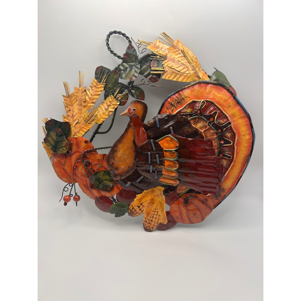 Autumn Metal Turkey Wreath Wall Hanging Thanksgiving Fall Decor Pumpkin Wheat